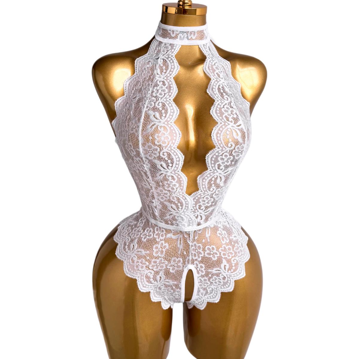 Lace Teddy Lingerie - Białe koronkowe body z kwiatowym wzorem,
