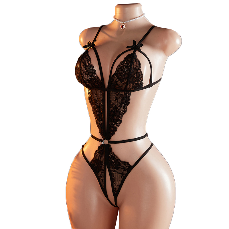 Lace Teddy Lingerie - Przezroczysty, seksowny, jednoczęściowy, ażurowy, czarny koronkowy