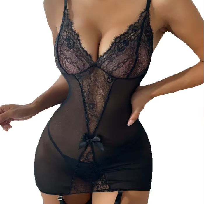 Garter Belt Set - Koronkowy zestaw bielizny z pończochami, seksowny