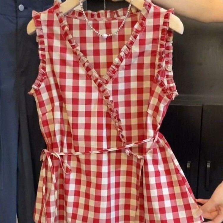 Corset Waist Cinch - Retro Czerwona Kraciasta Bezrękawnik Damska Letnia