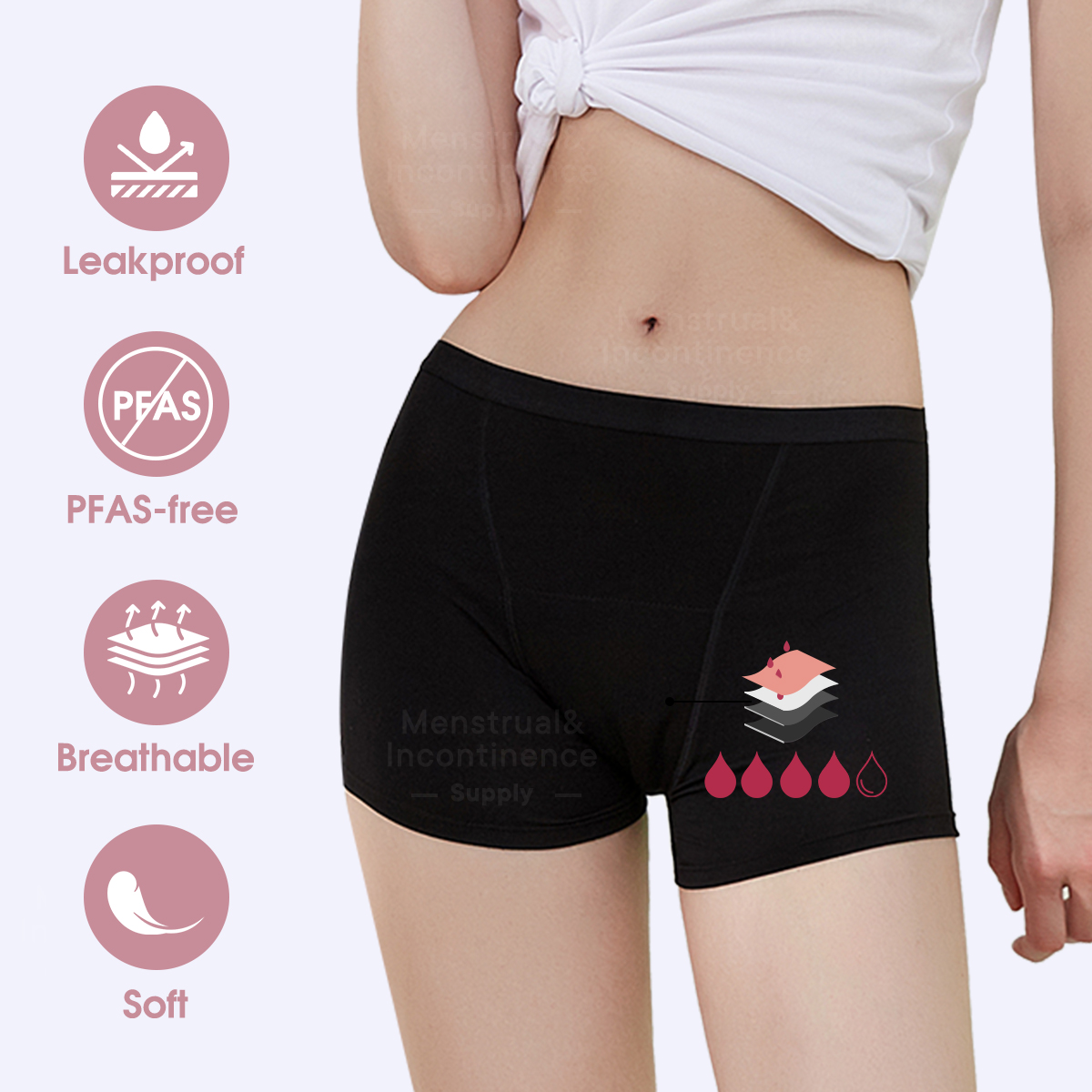 Boyshort Underwear - Bambusowe majtki menstruacyjne dla kobiet, przeciwprzeciekowe,