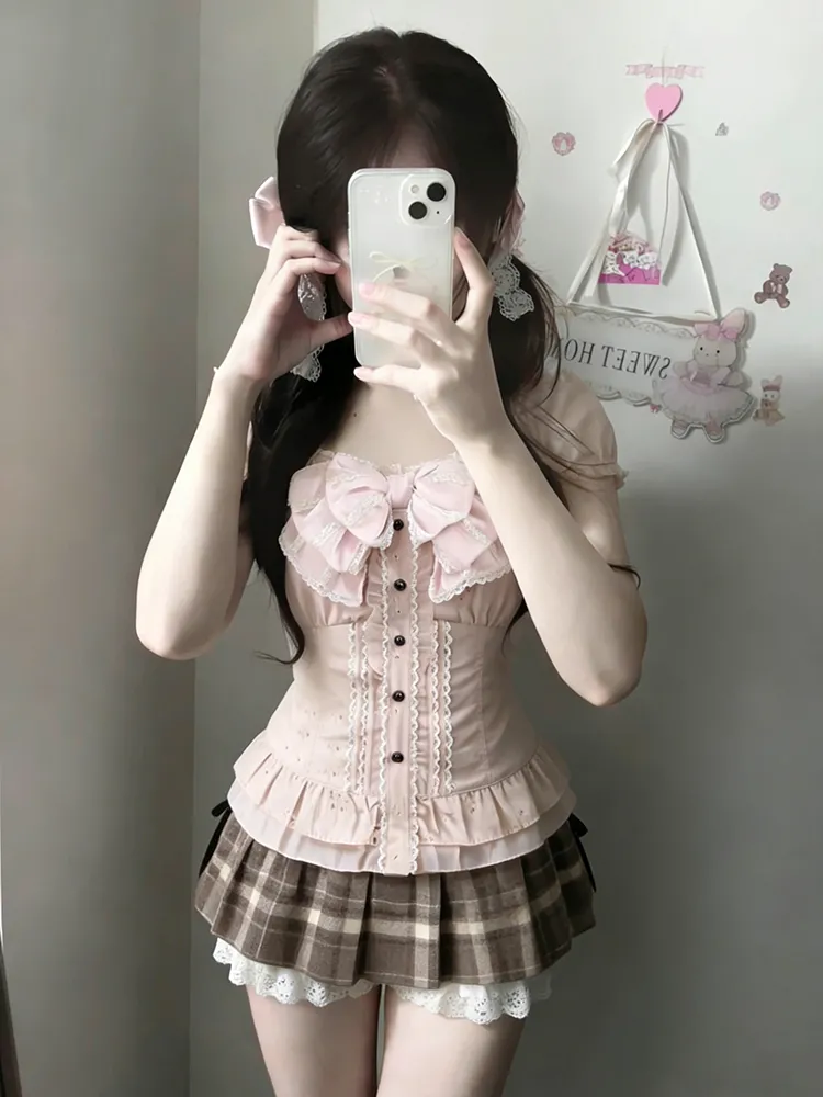 Cami Top Lace - Japoński Słodki Trzyczęściowy Zestaw Damski: Koronkowa